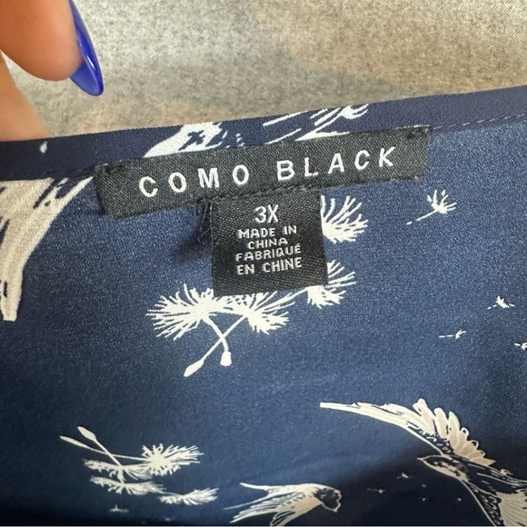 Como Black Hummingbird Blouse Plus 3X Navy White 3/4 Bishop Sleeve Flowy Sheer - Picture 10 of 11